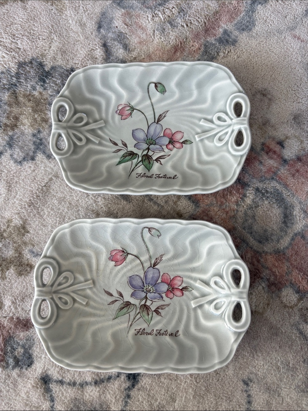Vintage Bows and Floral Pastel Ceramic Ring Trinket dish- Set of 2